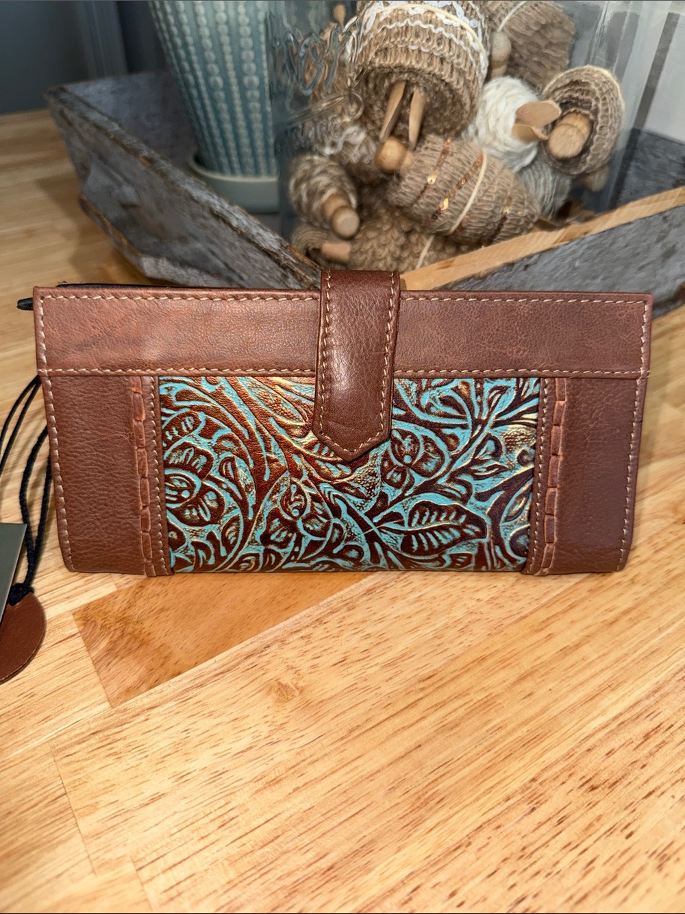 Myra Bag Brown and Turquoise Tooled Leather Wallet - Floral Design